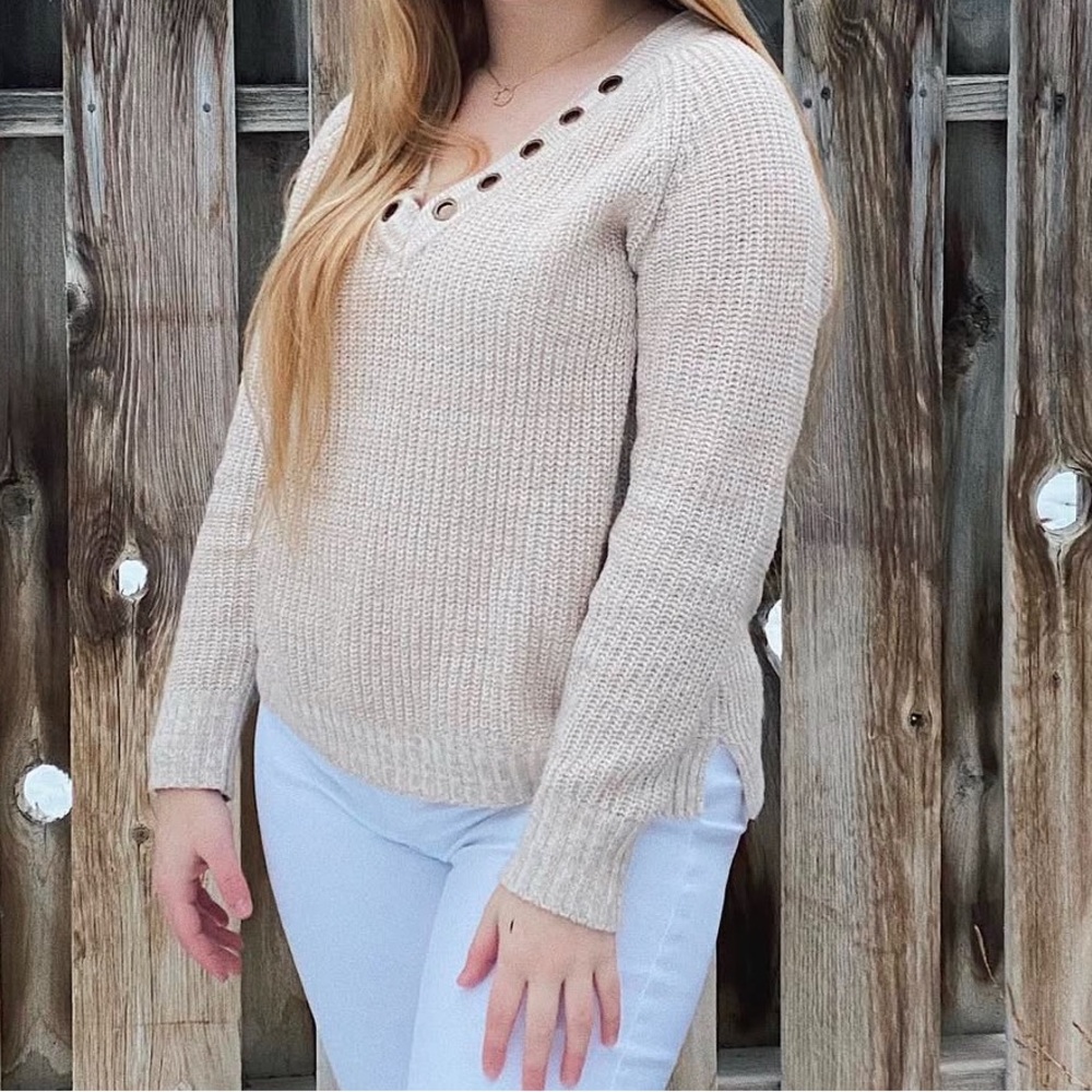M Cream V-Neck Sweater